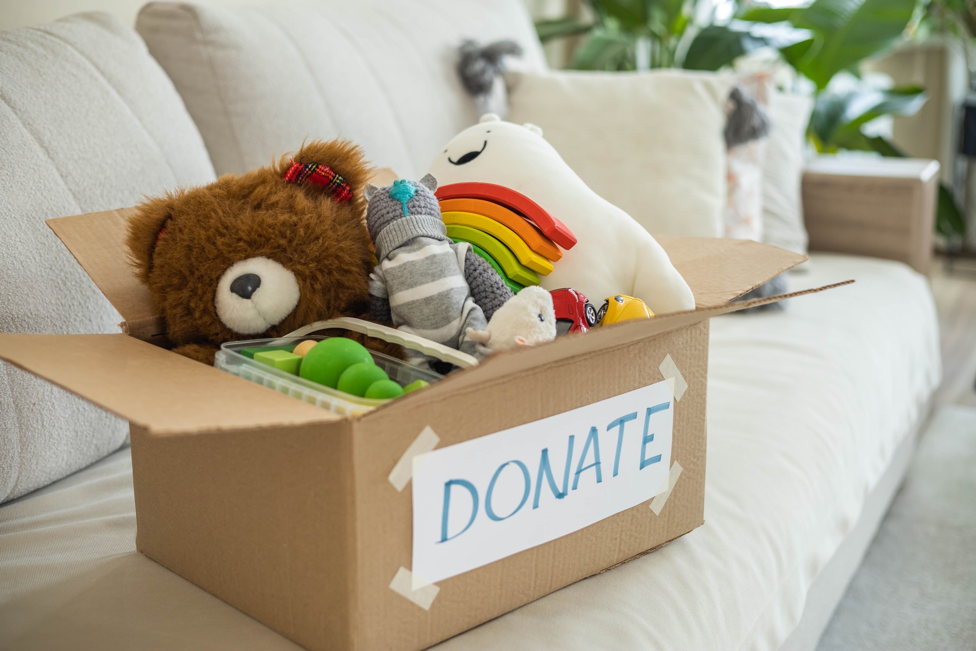 On the living room couch is a box full of toys for donation.